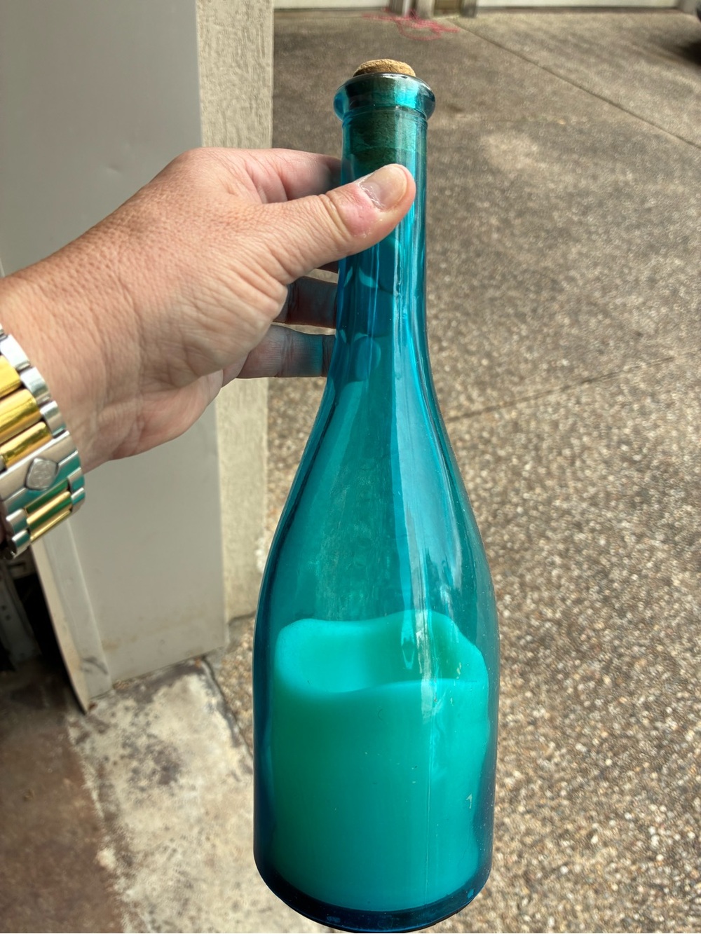 Teal Glass Bottle Candle with Cork Top
